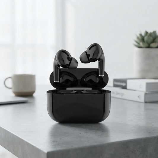 Premium Black AirPods โ Wireless Bluetooth Earbuds with Smart Touch, Powerful Bass & Stylish .
