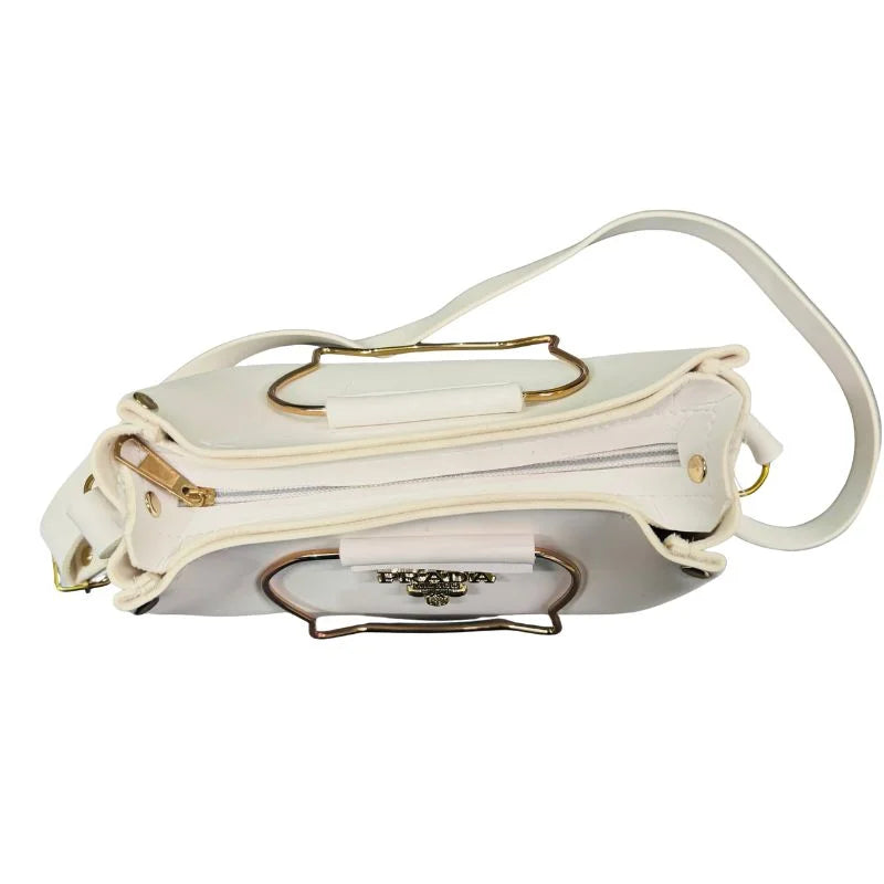 White Elegant Cat Handle Handbag for Girls & Ladies | Stylish Shoulder & Crossbody Bag with Gold Accents | Adjustable Strap