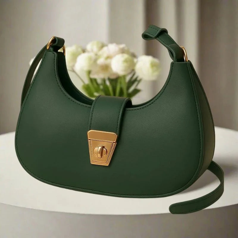 Crescent Leather Luxury Shoulder Bag for Women | Deep Green