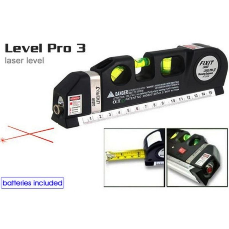 Laser Level Pro3 Multipurpose Tool | Vertical, Cross Line & Measuring Tape with Rulers