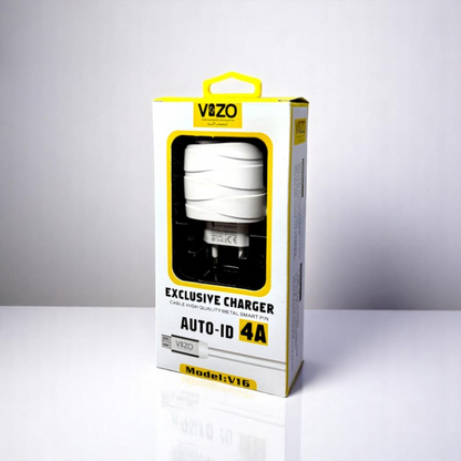 Vizo V16-Type-C – 4A Smart Fast Charger (3 USB Ports + Built-in Type-C Cable) | Best Quality Type-C Charger For Android - Mobile Phone Charger - Android Charger