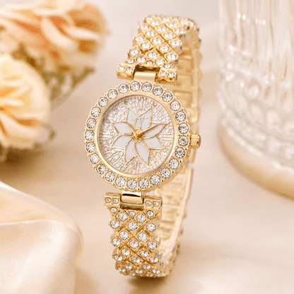 Luxury Floral Crystal Quartz Wrist Watch for Women – Rhinestone Bracelet Analog Fashion Wristwatch for Daily Wear, Party & Gift - Gold