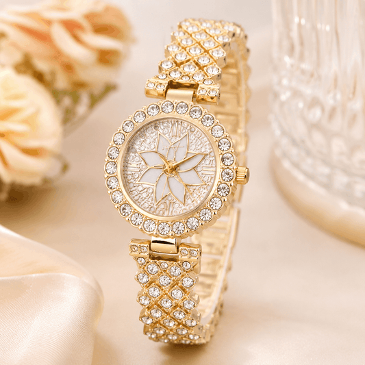 Luxury Floral Crystal Quartz Wrist Watch for Women – Rhinestone Bracelet Analog Fashion Wristwatch for Daily Wear, Party & Gift - Gold