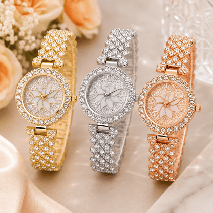 Luxury Floral Crystal Quartz Wrist Watch for Women – Rhinestone Bracelet Analog Fashion Wristwatch for Daily Wear, Party & Gift - Gold