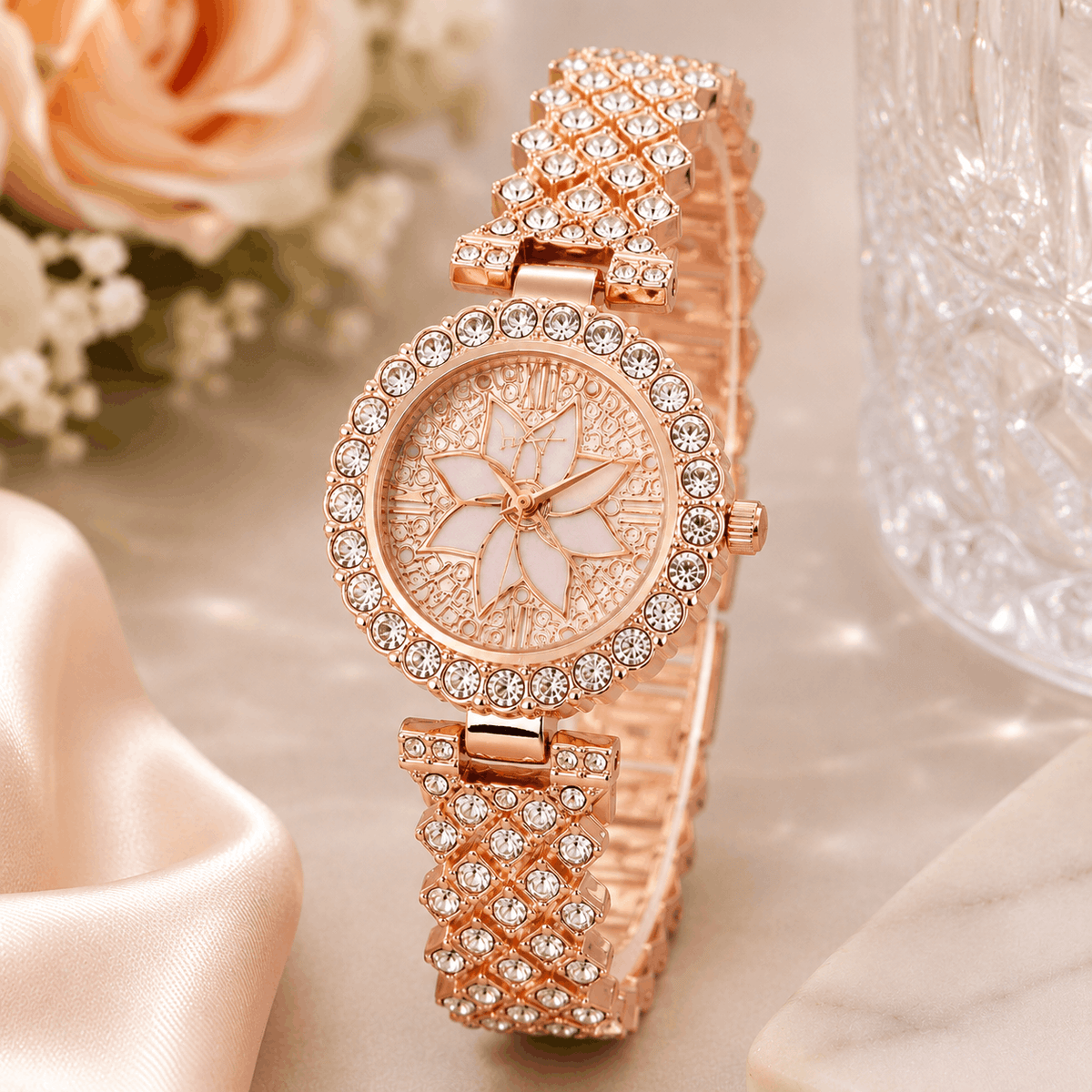 Luxury Floral Crystal Quartz Wrist Watch for Women – Rhinestone Bracelet Analog Fashion Wristwatch for Daily Wear, Party & Gift - Gold