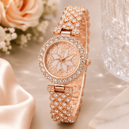 Luxury Floral Crystal Quartz Wrist Watch for Women – Rhinestone Bracelet Analog Fashion Wristwatch for Daily Wear, Party & Gift - Gold