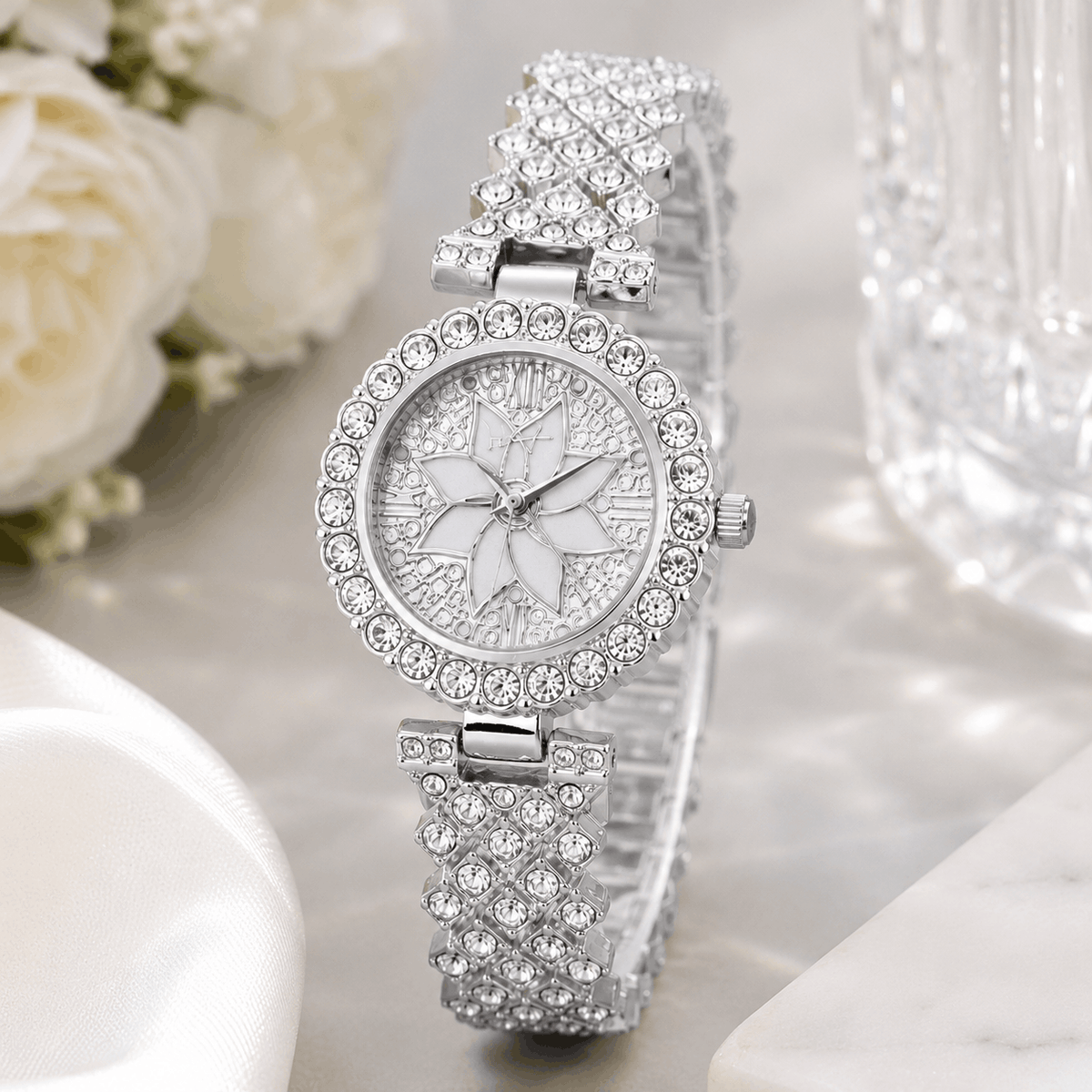 Luxury Floral Crystal Quartz Wrist Watch for Women – Rhinestone Bracelet Analog Fashion Wristwatch for Daily Wear, Party & Gift - Gold