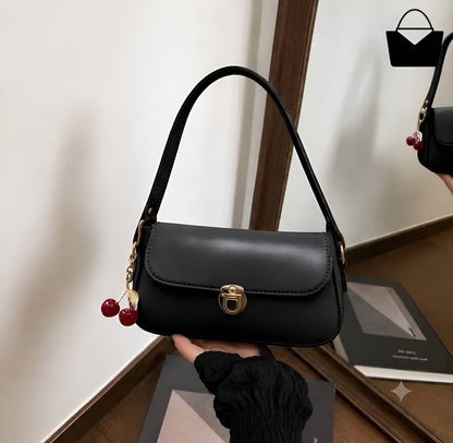 Elegant Ladies Handbag with Cherry Charm – Chic Shoulder Bag - Black