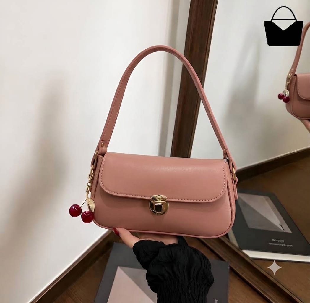 Elegant Ladies Handbag with Cherry Charm – Chic Shoulder Bag - Black