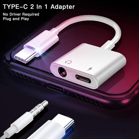 USBType C to 3.5mm Audio Adapter With Charging Port 2 in 1 Dual Port Aux Headphone Jack Connector For Type-C Models | Earphone Converter Aux Cable With Type-C Charging Jack Headset Splitter Music Converter - High Quality