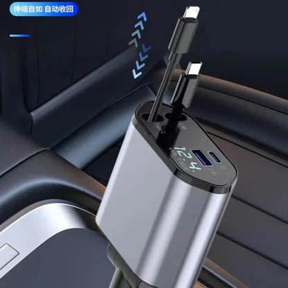 4-in-1 Retractable Car Charger | Dual USB & USB-C PD Fast Charging, 100W
