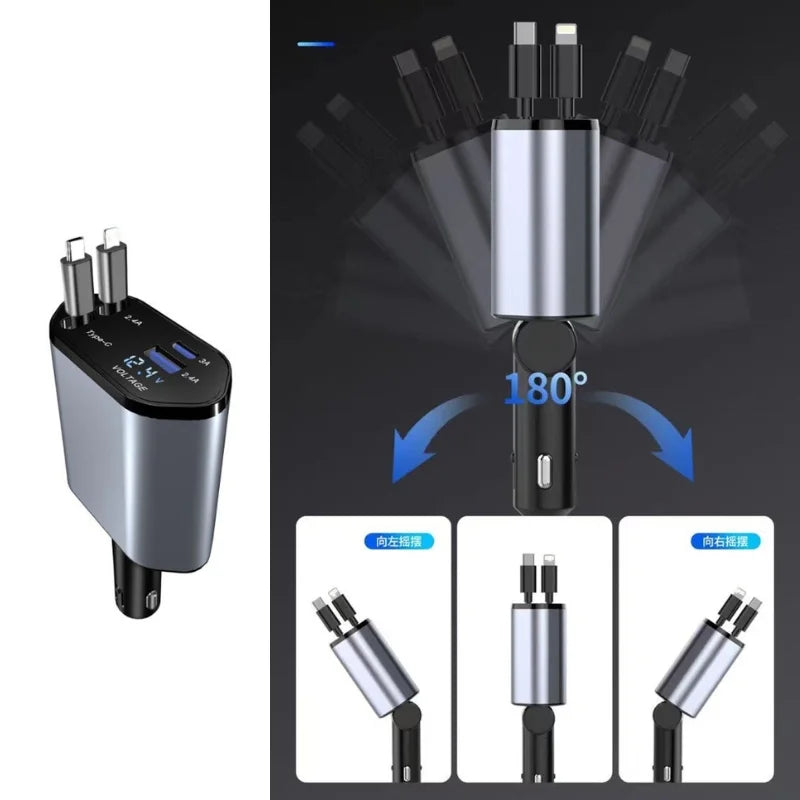 4-in-1 Retractable Car Charger | Dual USB & USB-C PD Fast Charging, 100W