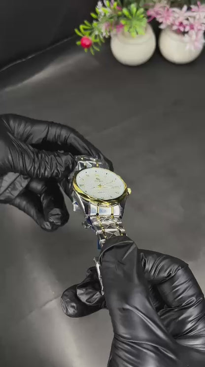 Premium Two-Tone Quartz Watch - Silver & Golden Chain