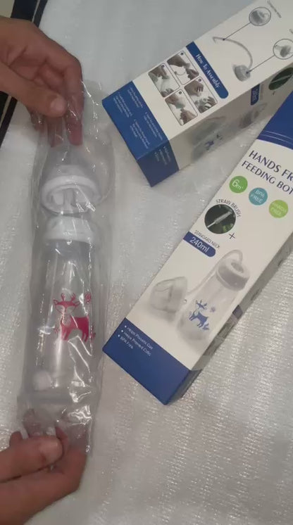 Handsfree Baby Feeding Bottle 240ml with Silicone Tube, Straw Brush & Nipple | BPA-Free Handsfree Feeder | Random Color