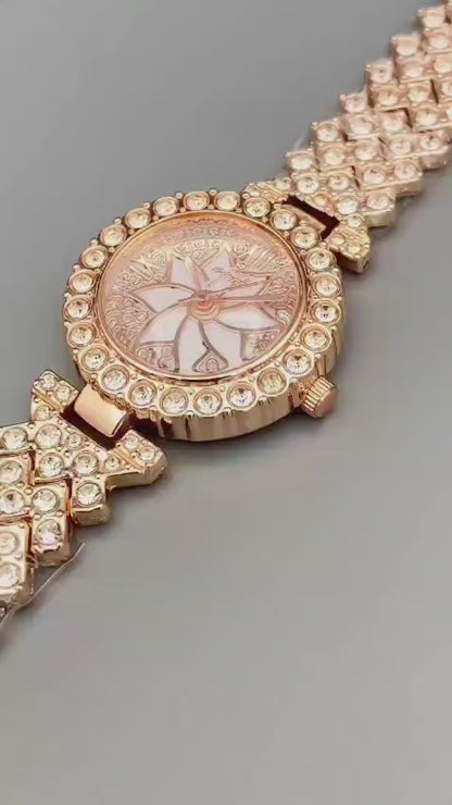 Luxury Floral Crystal Quartz Wrist Watch for Women – Rhinestone Bracelet Analog Fashion Wristwatch for Daily Wear, Party & Gift - Gold