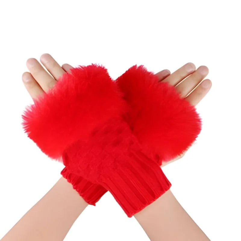 Heading: Women’s Faux Fur Fingerless Knitted Gloves | Warm Winter Hand Wrist Warmers | Soft, Stylish & Comfortable | Red