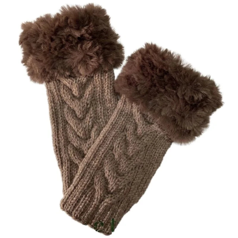 Heading: Women’s Faux Fur Fingerless Knitted Gloves | Warm Winter Hand Wrist Warmers | Soft, Stylish & Comfortable | Brown
