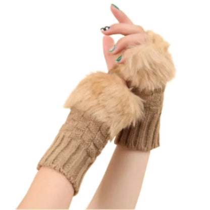 Heading: Women’s Faux Fur Fingerless Knitted Gloves | Warm Winter Hand Wrist Warmers | Soft, Stylish & Comfortable | Beige