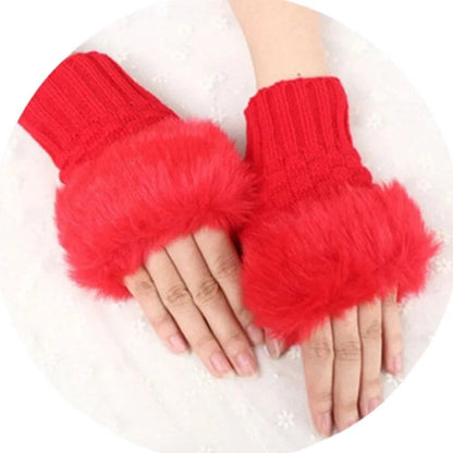 Heading: Women’s Faux Fur Fingerless Knitted Gloves | Warm Winter Hand Wrist Warmers | Soft, Stylish & Comfortable | Red