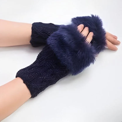 Heading: Women’s Faux Fur Fingerless Knitted Gloves | Warm Winter Hand Wrist Warmers | Soft, Stylish & Comfortable | Blue