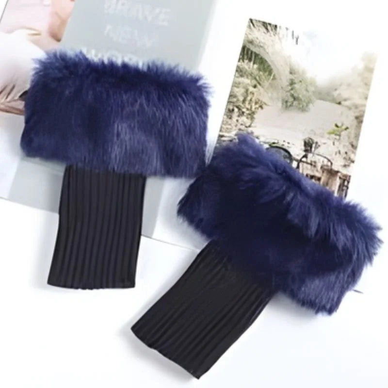 Heading: Women’s Faux Fur Fingerless Knitted Gloves | Warm Winter Hand Wrist Warmers | Soft, Stylish & Comfortable | Blue
