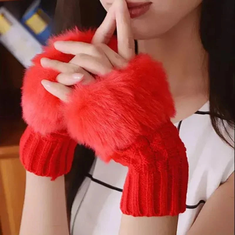 Heading: Women’s Faux Fur Fingerless Knitted Gloves | Warm Winter Hand Wrist Warmers | Soft, Stylish & Comfortable | Red