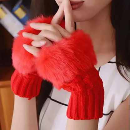 Heading: Women’s Faux Fur Fingerless Knitted Gloves | Warm Winter Hand Wrist Warmers | Soft, Stylish & Comfortable | Red