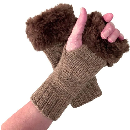 Heading: Women’s Faux Fur Fingerless Knitted Gloves | Warm Winter Hand Wrist Warmers | Soft, Stylish & Comfortable | Brown