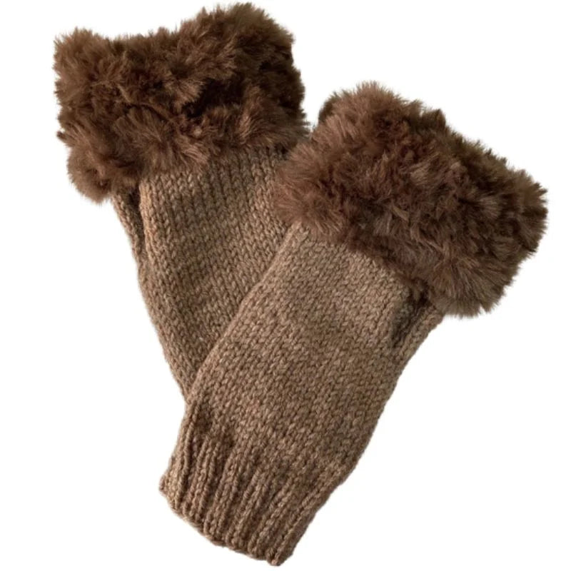 Heading: Women’s Faux Fur Fingerless Knitted Gloves | Warm Winter Hand Wrist Warmers | Soft, Stylish & Comfortable | Brown