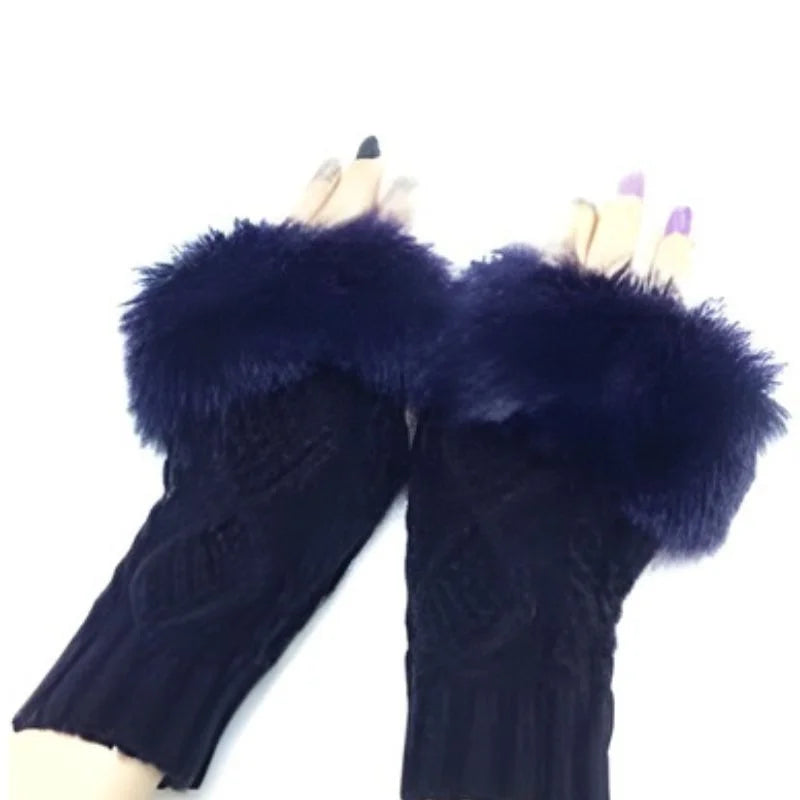 Heading: Women’s Faux Fur Fingerless Knitted Gloves | Warm Winter Hand Wrist Warmers | Soft, Stylish & Comfortable | Blue