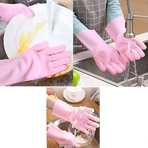 Reusable Silicone Washing Gloves with Built-In Scrubber for Kitchen Bathroom Car and Multipurpose Cleaning (Random Color)